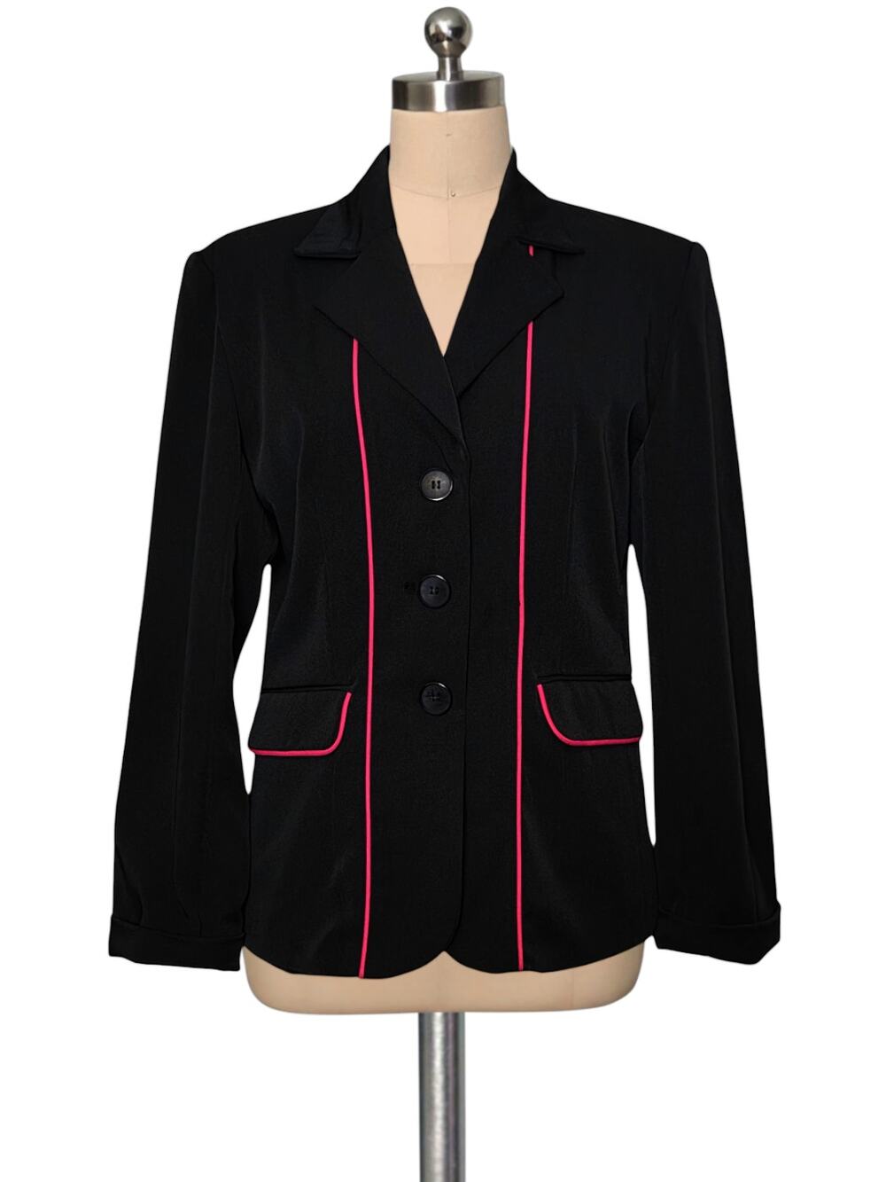 Vintage 90's Y2K Azucar Bella Black Blazer Hot Pink Piping Jacket 8